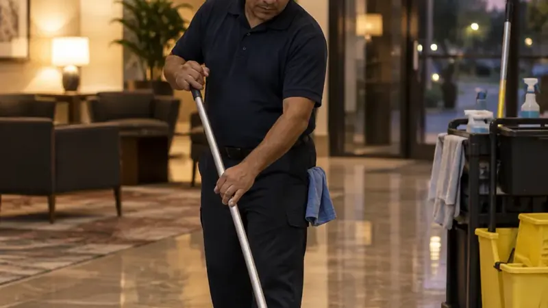 Cleaning crew working in a building common area (illustrative photo)