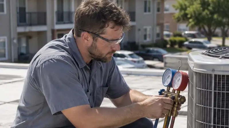 HVAC technician servicing a rooftop unit (illustrative photo)