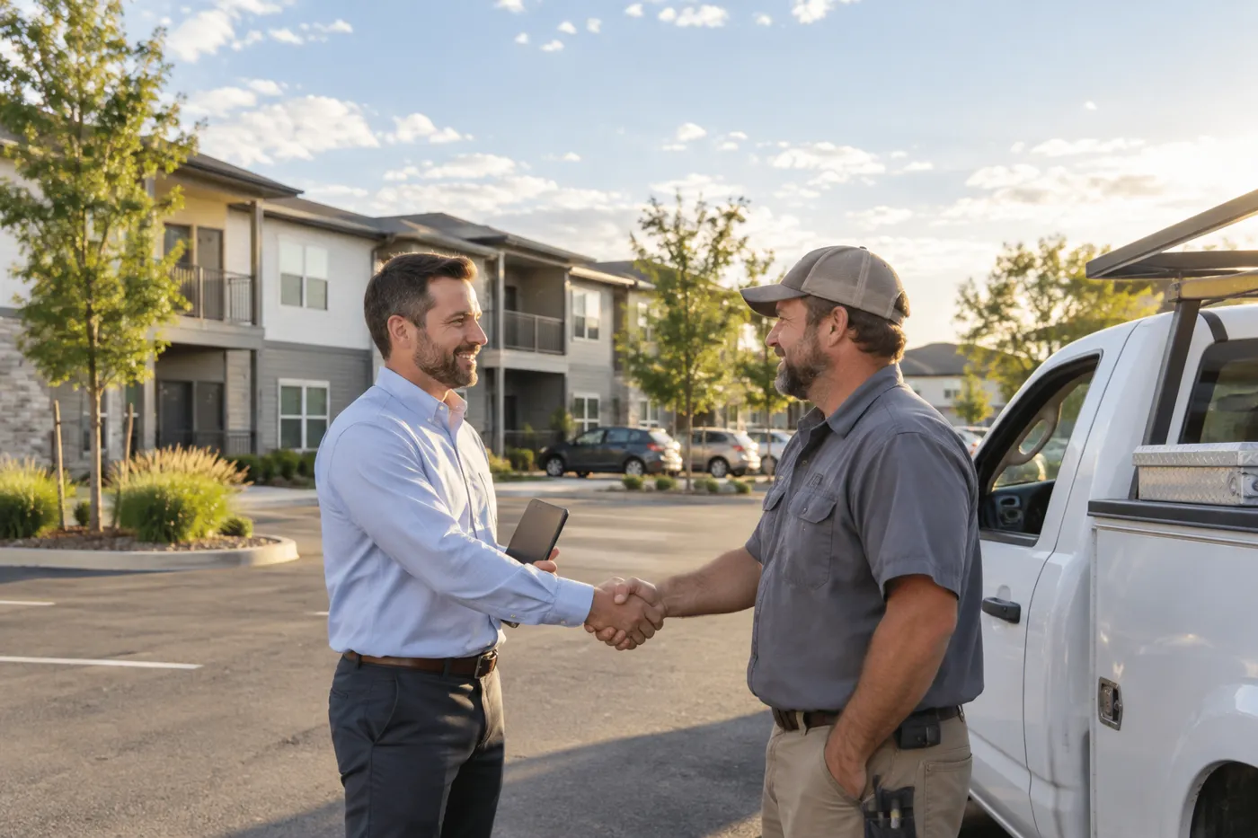 A property manager and a contractor shaking hands outside an apartment community (illustrative photo)