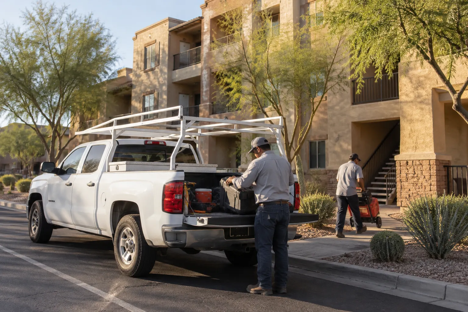 Contractor crew unloading a work truck at a property (illustrative photo)