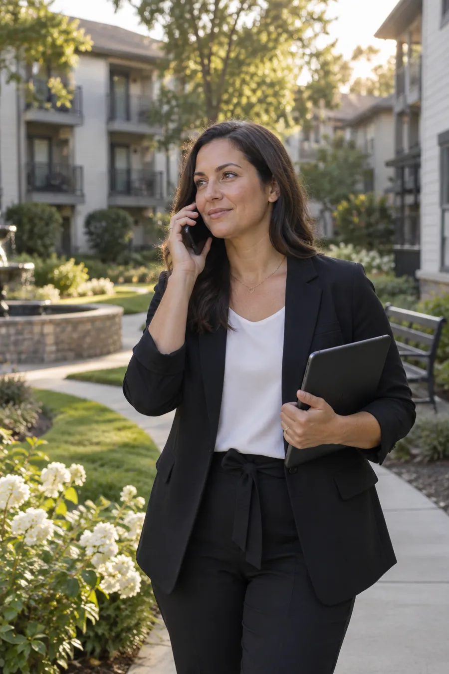 Property manager on the phone outside a building (illustrative photo)